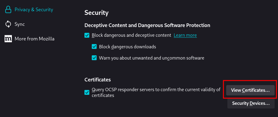 Firefox certificate settings