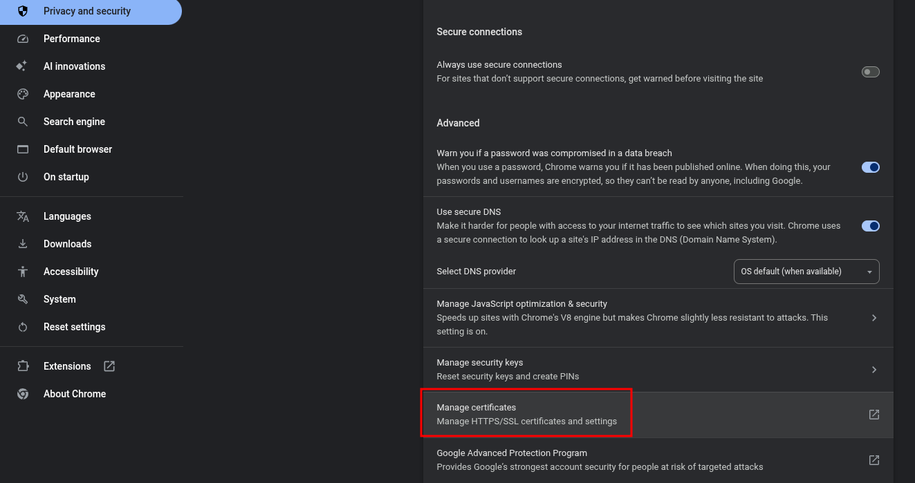 Chrome certificate settings