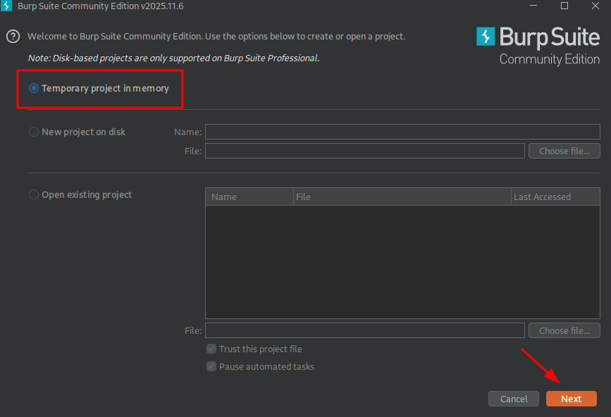 Burp Suite startup prompt