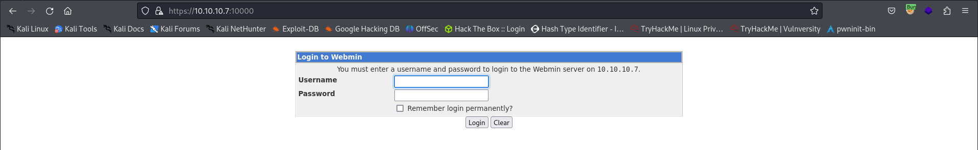 Webmin login page